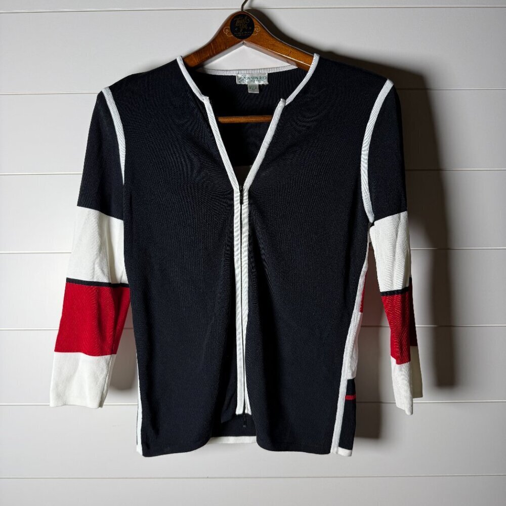 Austin Reed Zip Front Cardigan Jacket Sz Medium Red, Black & White